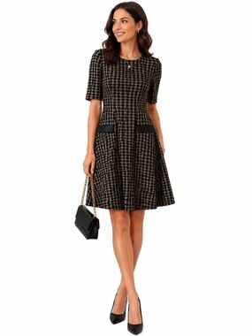 NWT DKNY Tweed Knit Houndstooth Dress with Faux-Suede Pocket Trim Size 4